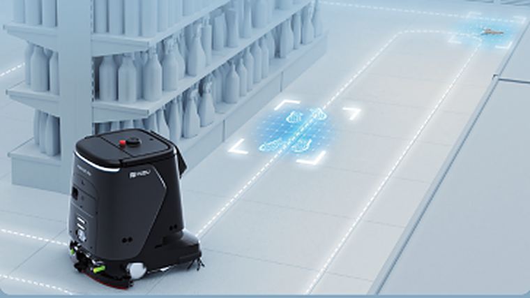 PUDU CC1 Pro cleaning a commercial aisle